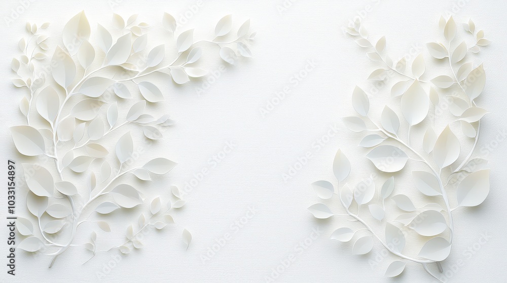 Poster a delicate pattern of tree leaves casting soft shadows on a pristine white background, with sunlight