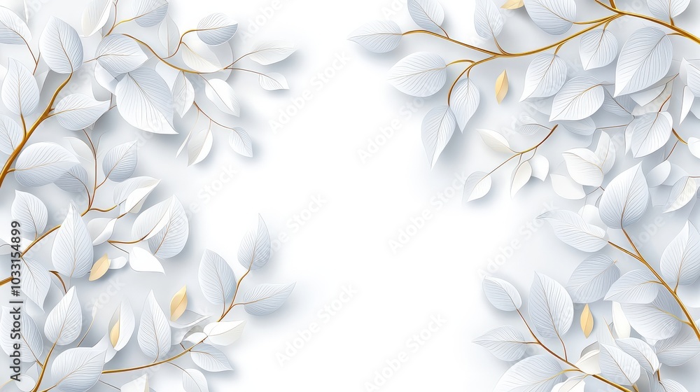 Poster a delicate pattern of tree leaves casting soft shadows on a pristine white background, with sunlight