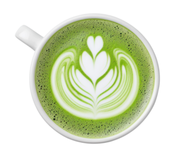 Matcha latte art in a white coffee cup