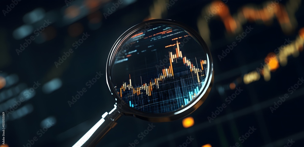 Poster a magnifying glass over an interactive graph displaying stock market trends, symbolizing the importa