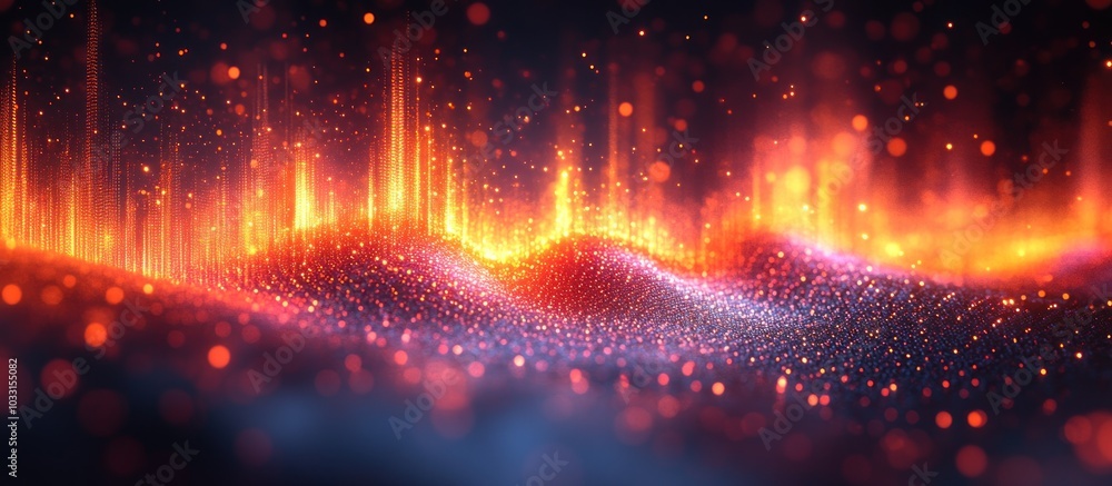 Poster abstract visualization of dynamic waves with glowing particles and vibrant colors.