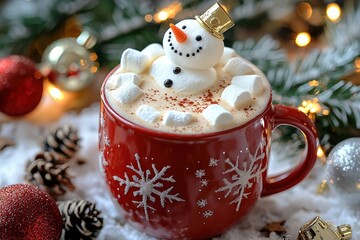 A snowman in a mug of hot cocoa