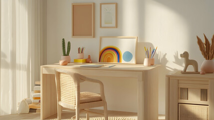 Modern wooden desk with playful decor, creating cheerful and creative workspace vibe