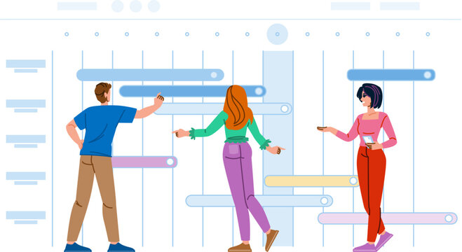 milestones project timeline vector. deadlines tasks, schedule roadmap, phases goals milestones project timeline character. people flat cartoon illustration