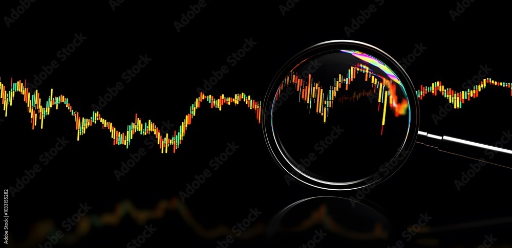 Poster a magnifying glass over an interactive graph displaying stock market trends, symbolizing the importa