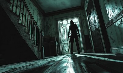 Silhouette in a dark, creepy hallway.
