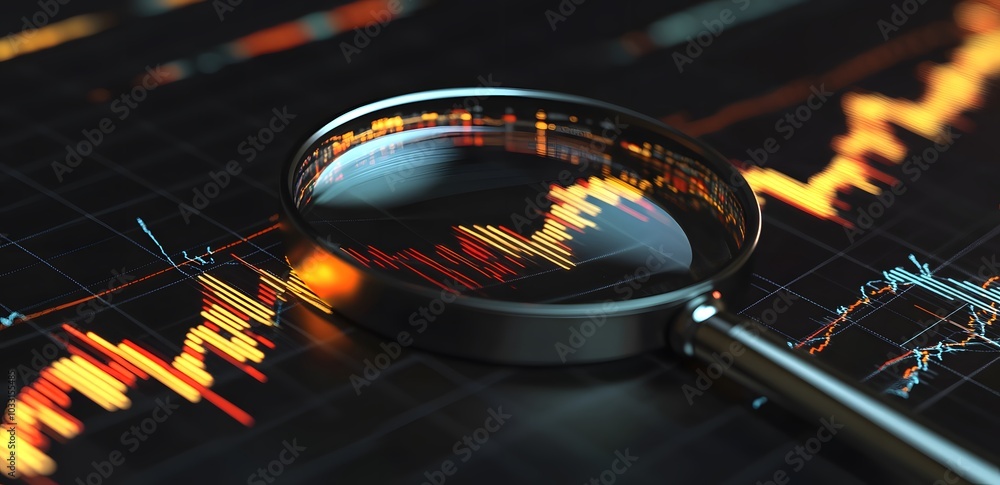 Poster a magnifying glass over an interactive graph displaying stock market trends, symbolizing the importa