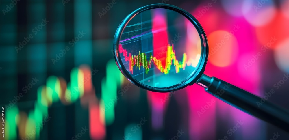Poster a magnifying glass over an interactive graph displaying stock market trends, symbolizing the importa