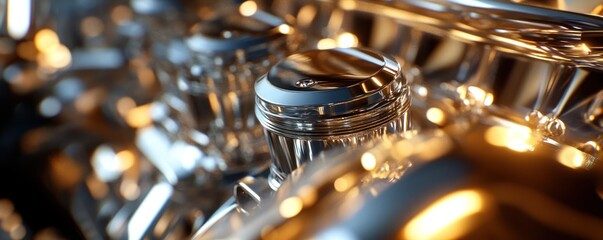 Fototapeta premium Close-Up of Chrome Engine Components with Reflections and Warm Light Accents