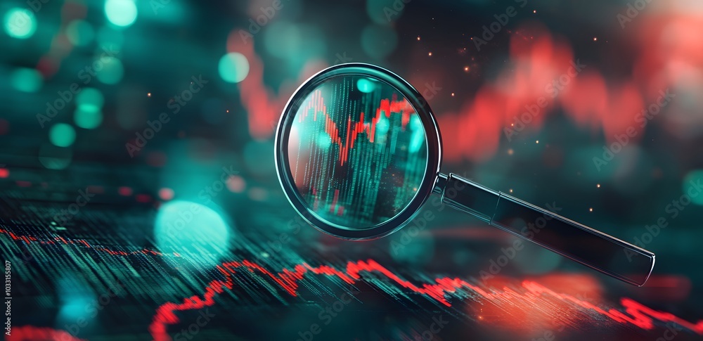Poster a magnifying glass over an interactive graph displaying stock market trends, symbolizing the importa