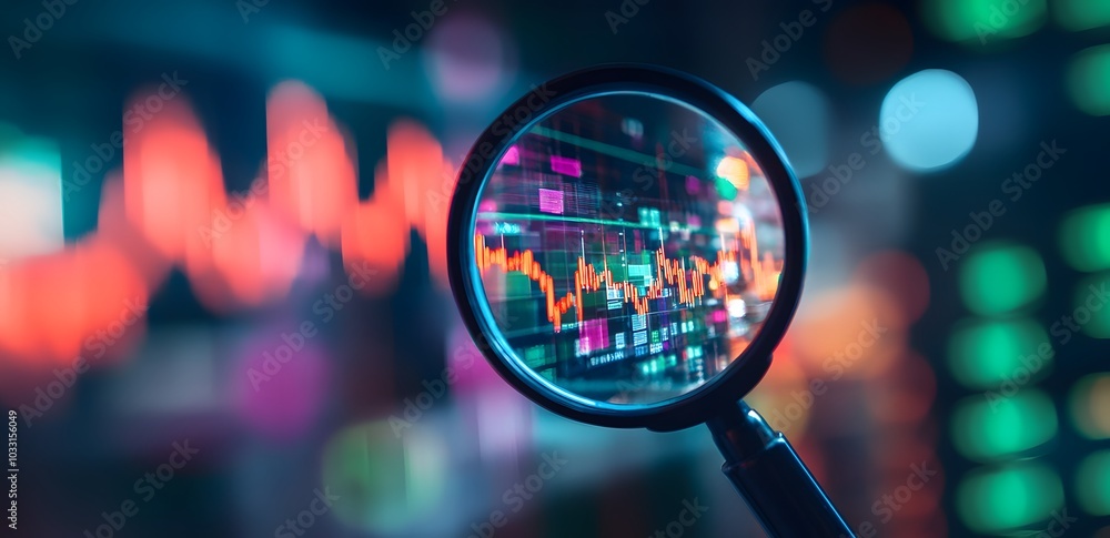 Poster a magnifying glass over an interactive graph displaying stock market trends, symbolizing the importa