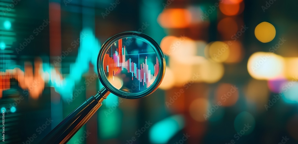 Poster a magnifying glass over an interactive graph displaying stock market trends, symbolizing the importa