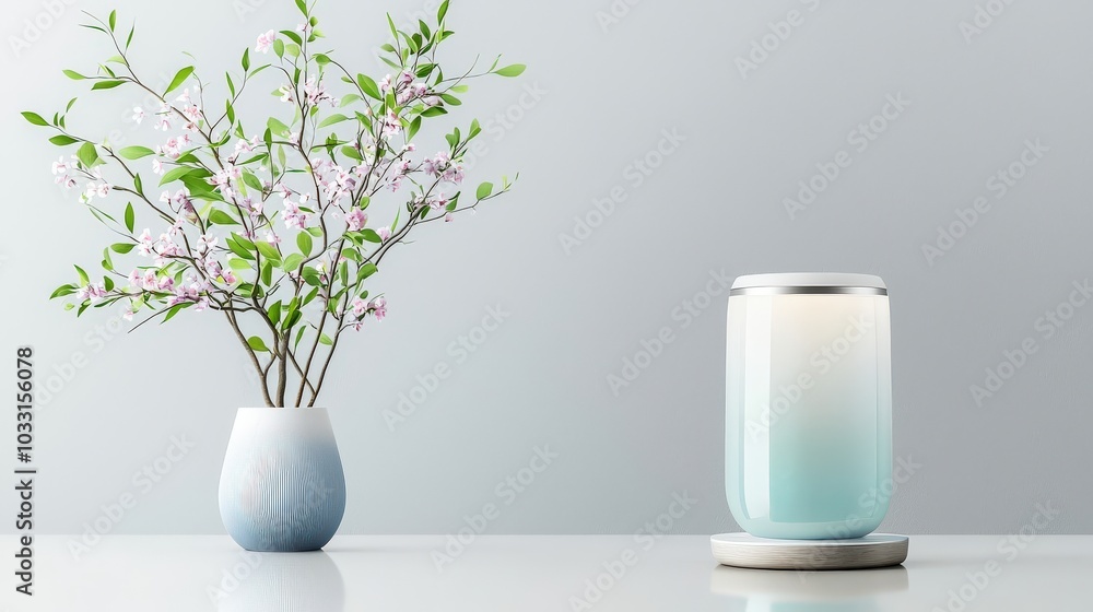 Poster a side view of a smart home hub device glowing softly, with a minimalist gray background that accent