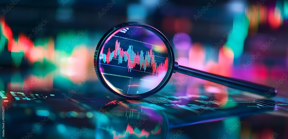 Poster a magnifying glass over an interactive graph displaying stock market trends, symbolizing the importa