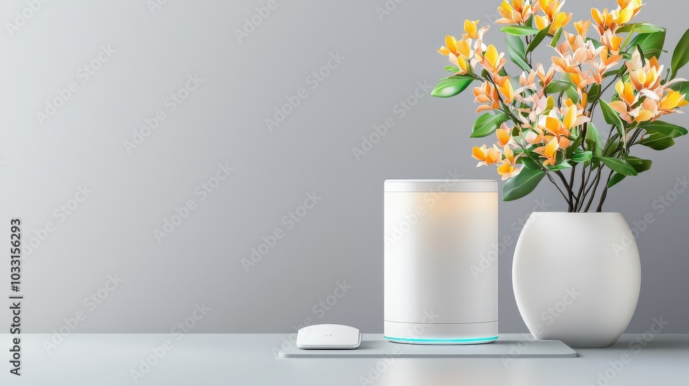 Aufkleber a smart home hub device softly illuminating a workspace on a gray background, symbolizing efficiency