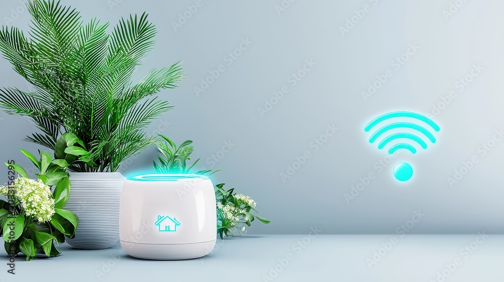 Poster a smart home hub device softly illuminating a workspace on a gray background, symbolizing efficiency