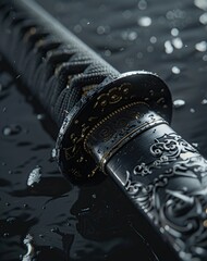 Japanese samurai sword on a dark background with water drops, close-up