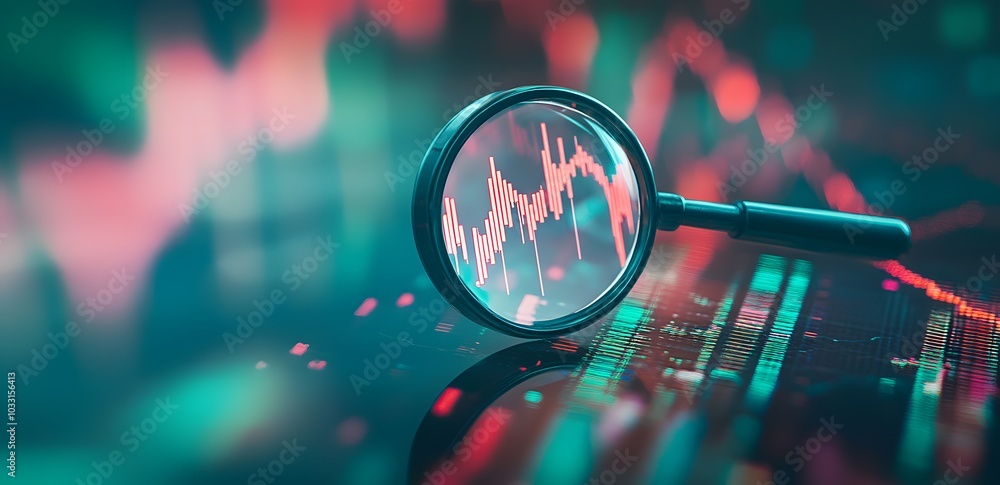 Poster a magnifying glass over an interactive graph displaying stock market trends, symbolizing the importa