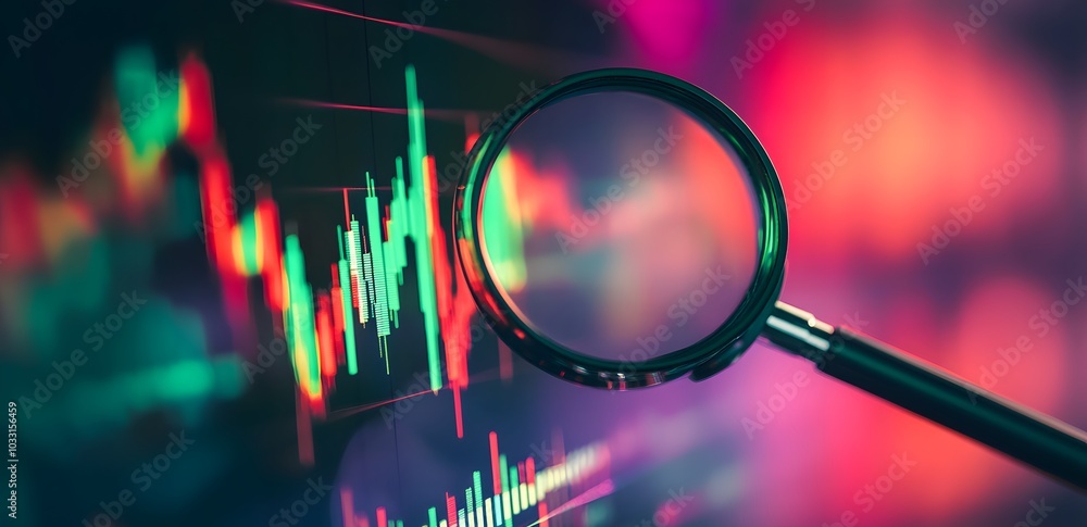 Poster a magnifying glass over an interactive graph displaying stock market trends, symbolizing the importa