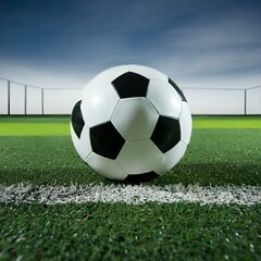 Fototapeta premium A black and white soccer ball sits on a green field with a white line under a clear sky.