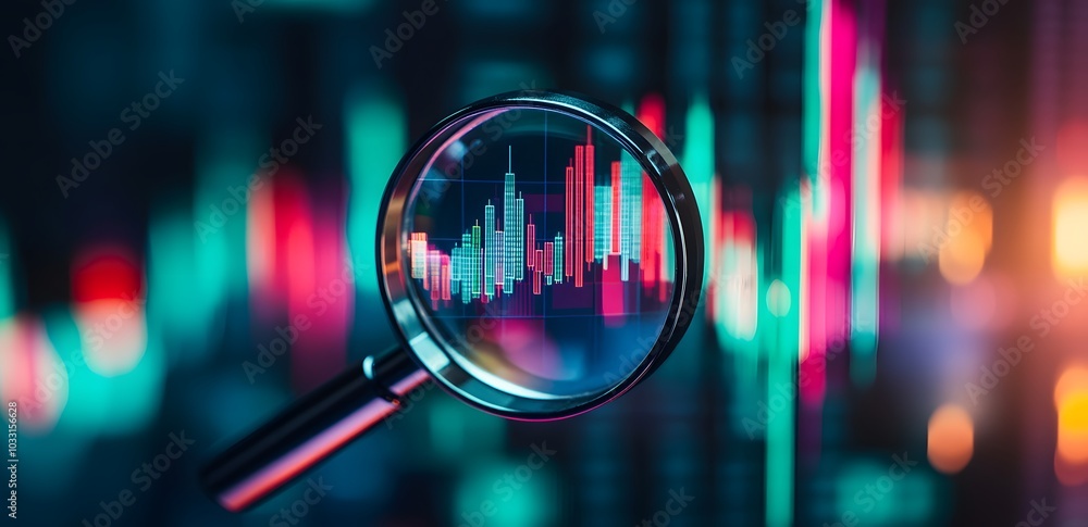 Poster a magnifying glass over an interactive graph displaying stock market trends, symbolizing the importa