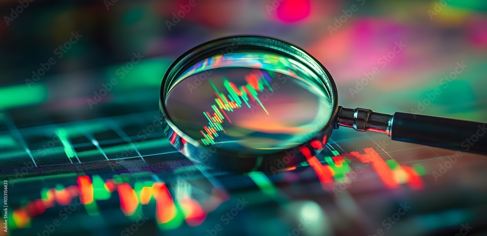 Poster a magnifying glass over an interactive graph displaying stock market trends, symbolizing the importa