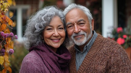A happy elderly couple smiling together in a beautiful garden during autumn, surrounded by colorful leaves and blooming flowers
