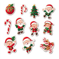 Christmas Stickers with Santas, Elves, Candy Canes, and a Christmas Tree