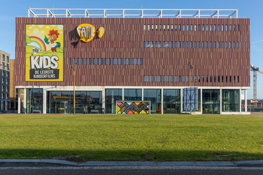Pathe Bioscoop logo sign on the building, Path&eacute; is a Cinema at Leidsche Rijn. Utrecht, the Netherlands. 08 July 2023. 