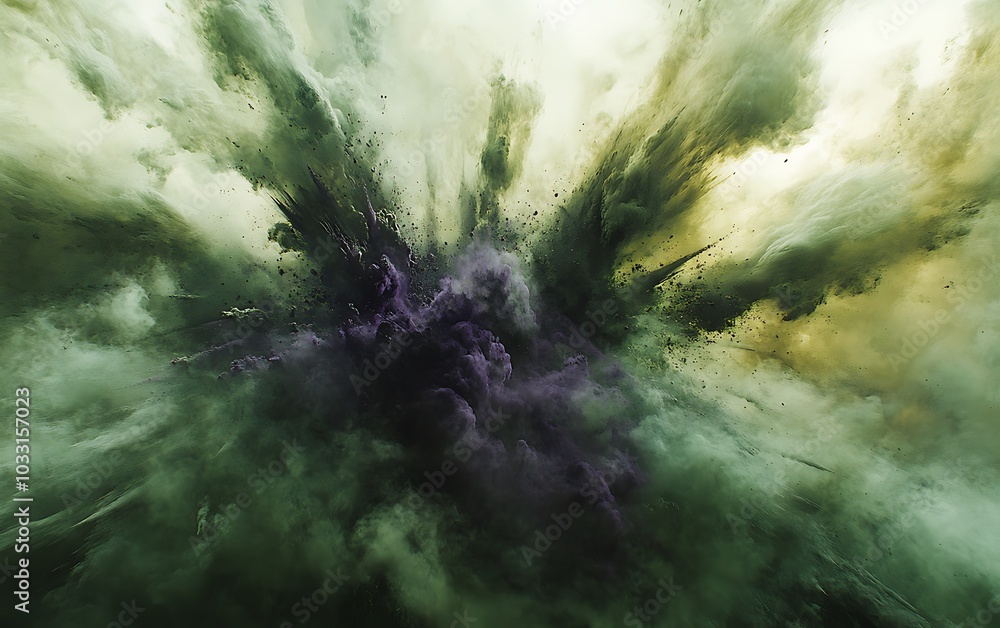 Poster An abstract explosion of colors, showcasing swirling greens and purples, evoking a sense of chaos and dynamic movement.