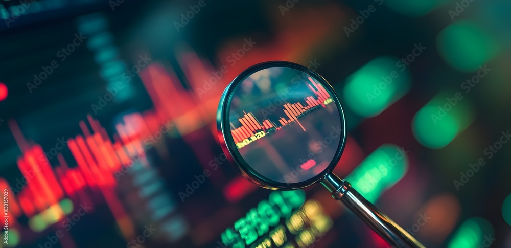 Poster a magnifying glass over an interactive graph displaying stock market trends, symbolizing the importa