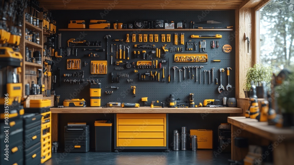 Poster a well-organized workshop with tools displayed on a wall and a workbench for projects.