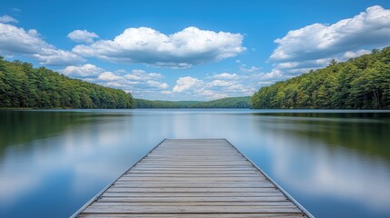 Serene Lake View with Dock and Lush Greenery