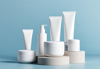 Set of cosmetic products on podiums is displaying on blue background