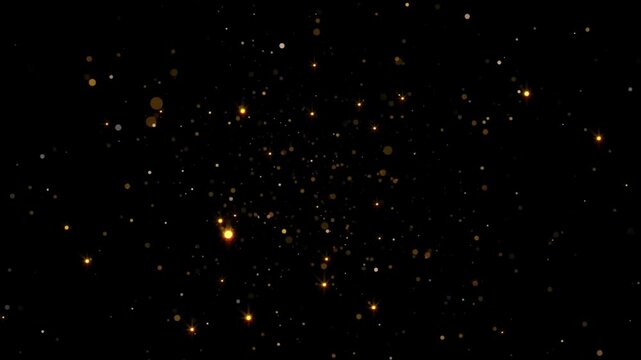 Abstract background with golden sparkles and bokeh lights on a black background.