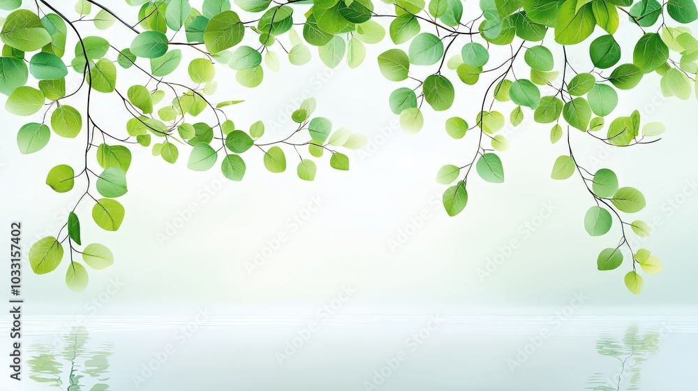 Poster a tranquil scene featuring light green tree leaves creating subtle shadows on a pristine white surfa