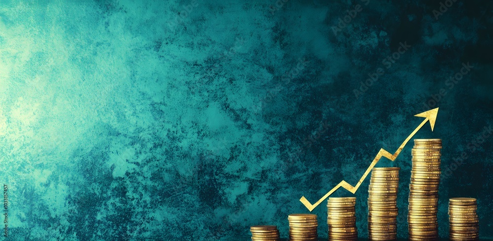 Poster a modern background for a website, featuring stacks of coins growing upward in the shape of an arrow