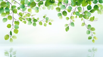 Obraz premium A tranquil scene featuring light green tree leaves creating subtle shadows on a pristine white surface, illuminated by warm sunlight.