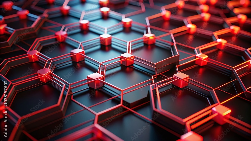 Aufkleber red hexagon network for data flow - high-tech product photography