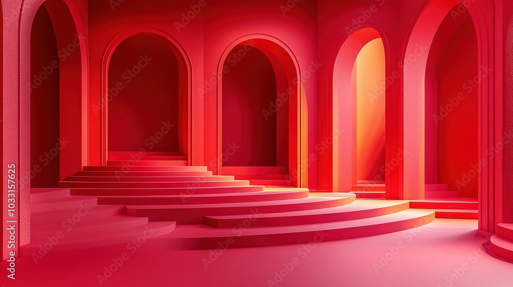 Poster a vibrant red 3d background with dynamic shapes and layers, creating a sense of depth and dimension 