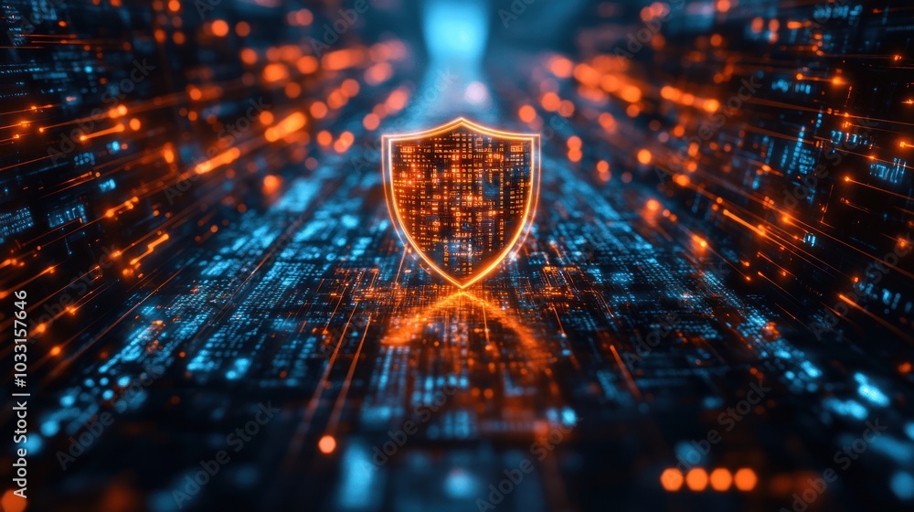 Poster a digital shield symbolizing cybersecurity amidst a network of glowing data streams.