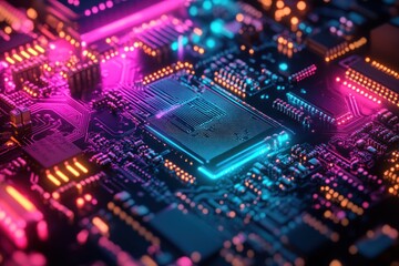 Obraz premium A vibrant close-up of a circuit board showcasing electronic components and neon lighting.