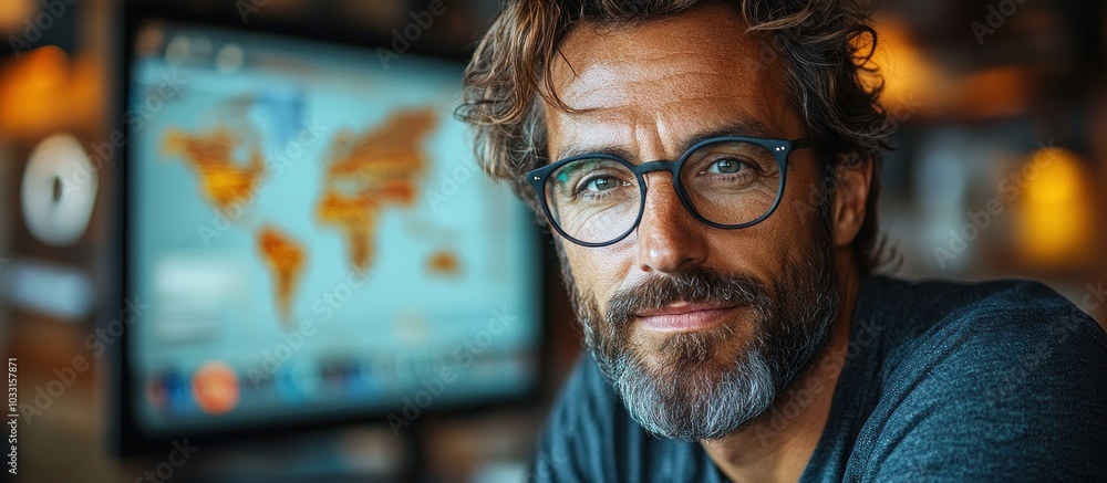 Poster a man with glasses smiles in front of a world map on a computer screen.