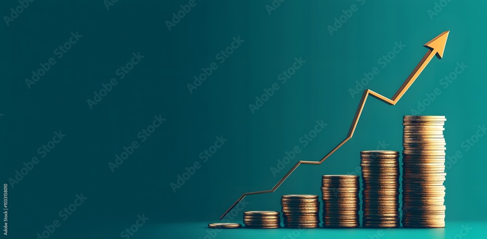 Poster a modern background for a website, featuring stacks of coins growing upward in the shape of an arrow