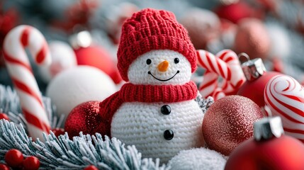 A whimsical holiday background featuring playful snowmen, candy canes, and festive ornaments, ideal for creating cheerful visuals for children's events and holiday marketing.