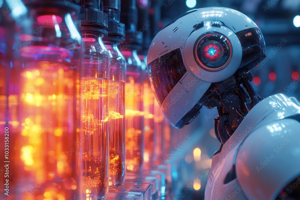 Poster a futuristic robot observes glowing liquid-filled containers in a high-tech lab setting.