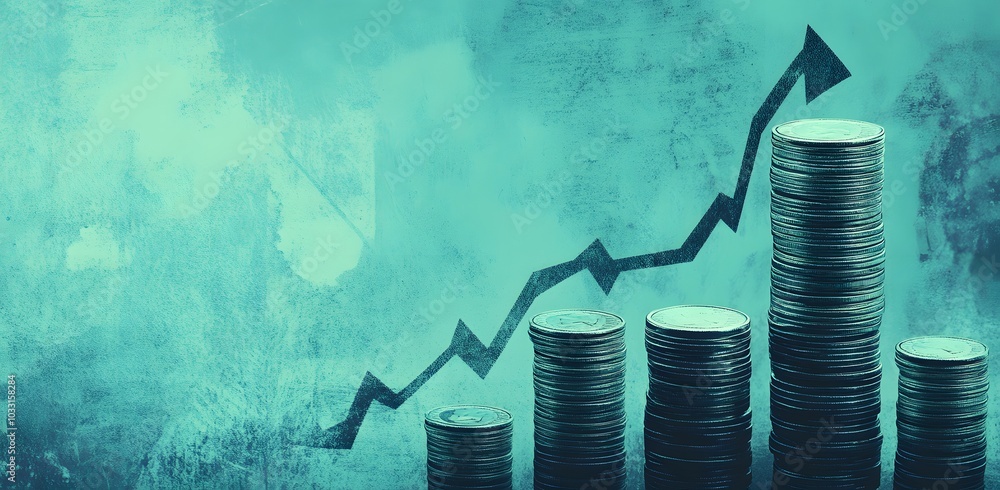 Poster a modern background for a website, featuring stacks of coins growing upward in the shape of an arrow