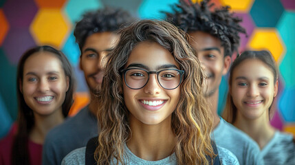 Fototapeta premium A group of smiling young people in a colorful backdrop, showcasing friendship and positivity.