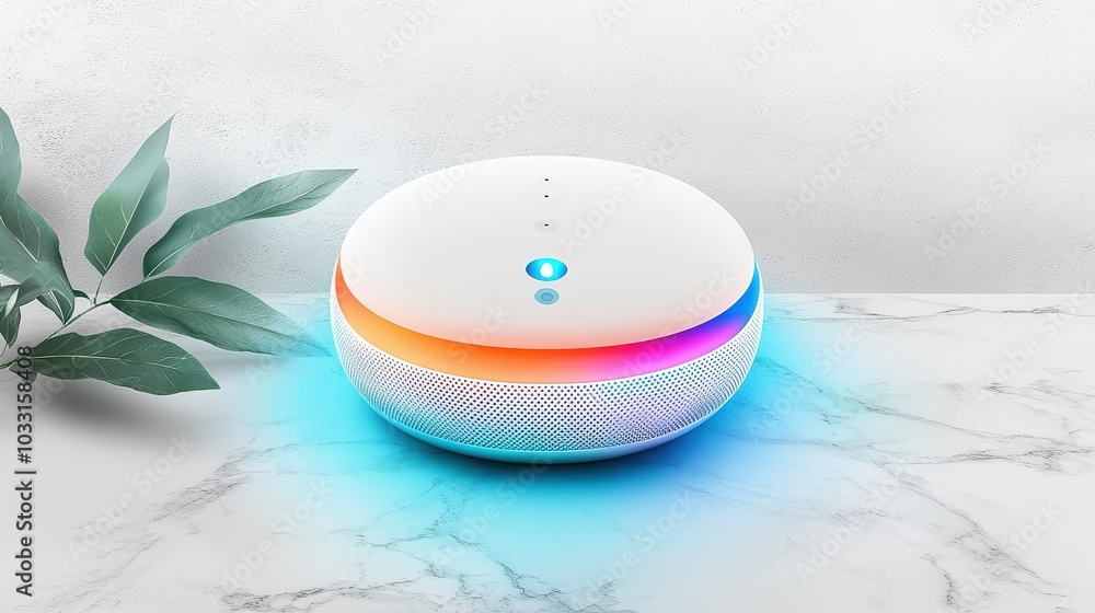 Poster an overhead shot of a smart home hub device softly illuminated, with a gray background creating a cl
