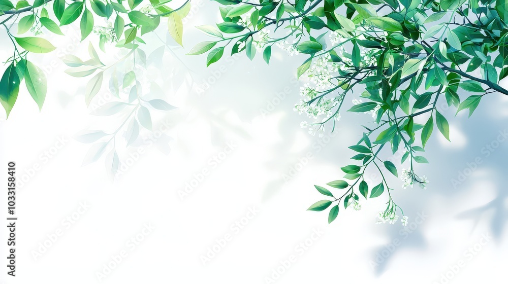 Poster an overhead view of tree leaves casting gentle shadows on a white background, capturing the play of 
